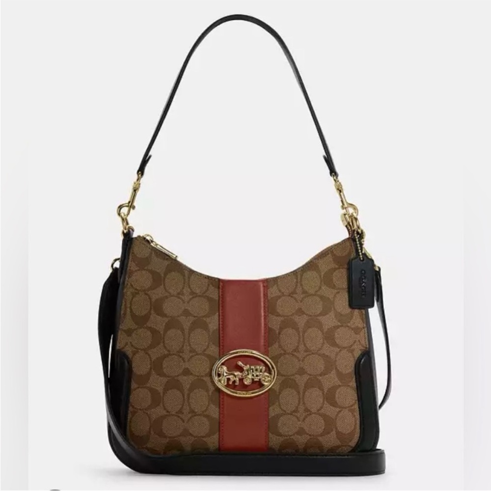 Coach Brown Signature Canvas Shoulder Bag with Red Stripe
